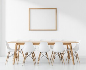 Minimalist dining room with wooden table and white chairs, blank frame.