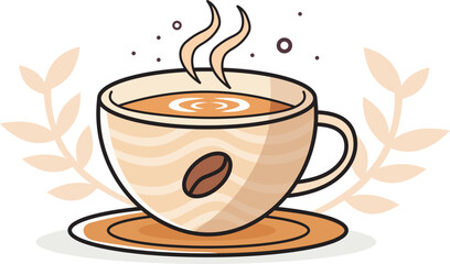 Hot Coffee Cup with Steam and Latte Art – Flat Vector Design. Cozy Coffee Mug with Swirl Latte Art