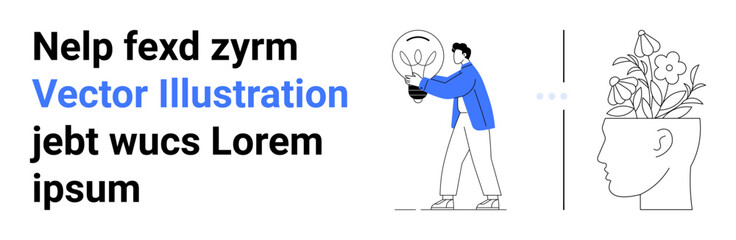Man holding glowing lightbulb representing innovation, profile head with flowers showing growth, creativity, and new ideas. Ideal for creativity, education, innovation, problem-solving, mental