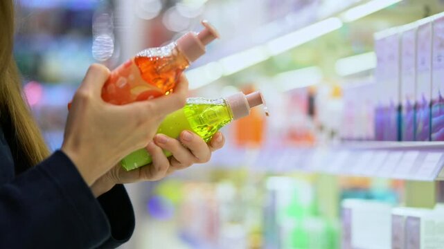 A female customer reading the ingredient labels, compares two different bottles of haircare or skincare product in a cosmetics department. Conscious choice. A woman choosing shampoo or shower gel.