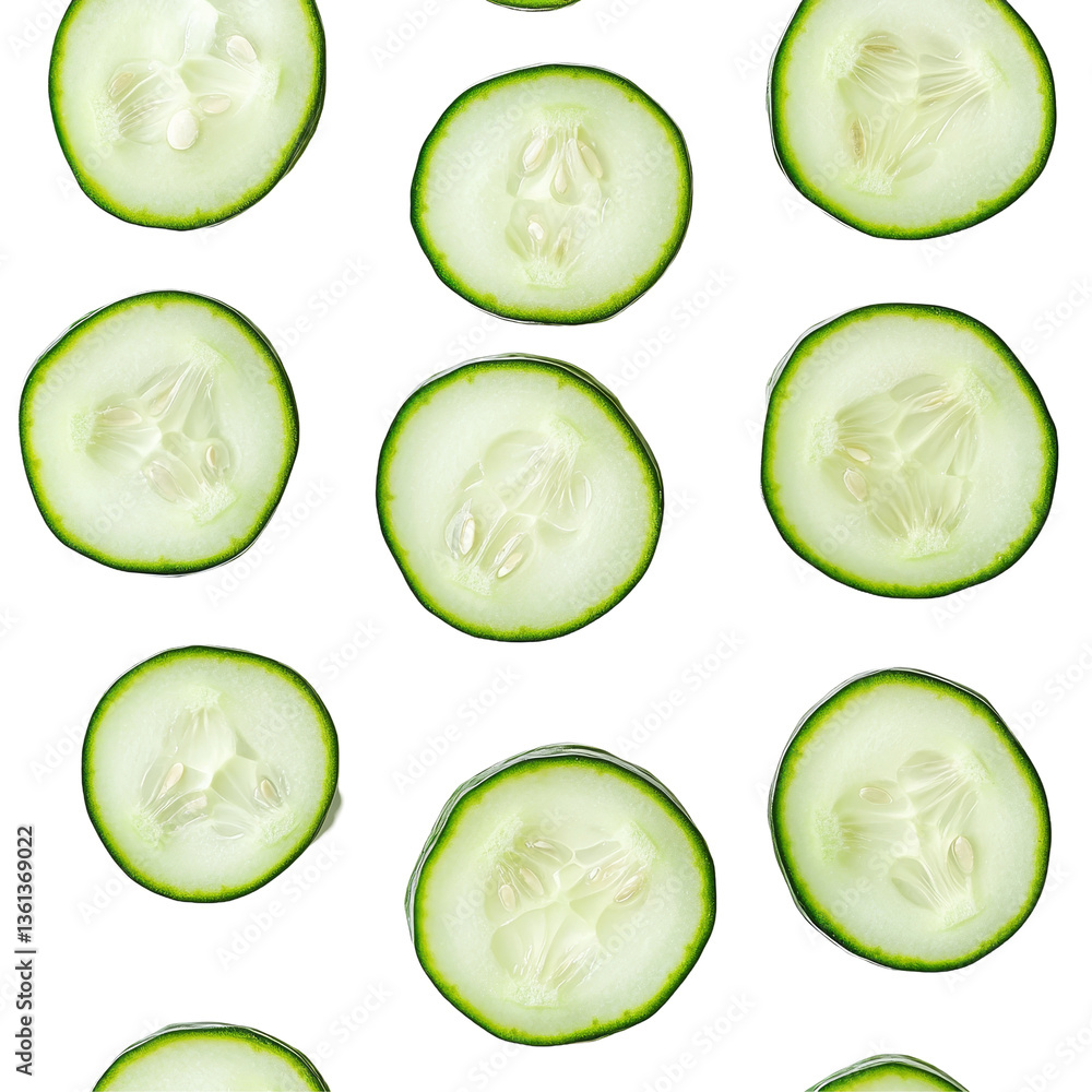 Poster fresh cucumber slices arranged neatly on a bright transparent background for culinary use and health