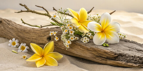 Fototapeta premium A nature-inspired composition featuring a piece of driftwood placed on a sandy surface, adorned with a delicate floral arrangement.