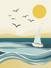Naklejka premium Decorative banner. Summer vacation on the sea coast. Sea, ocean, yacht, seagulls. Vector illustration in flat style