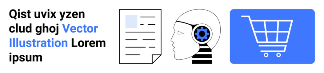 Document analysis, human-thumbs up AI with gear symbol, and shopping cart emphasize technology, automation, commerce, and innovation. Ideal for AI, machine learning, tech e-commerce productivity
