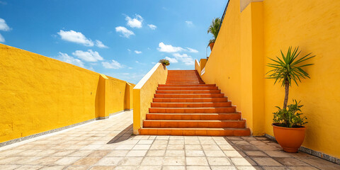 An outdoor staircase bordered by vibrant yellow walls with smooth surfaces, leading up to an elevated platform