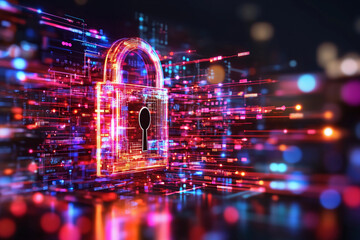 Fototapeta premium Digital fortress with holographic locks and neon blue security barriers representing advanced digital safety and protection in a futuristic technology concept