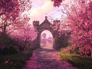 Obraz premium A whimsical stone gateway adorned with vibrant pink blossoms leads to a distant castle, evoking a fairytale ambiance under a gentle, soft sky.