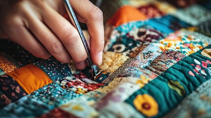 A person uses metal tools to mend the colorful quilt