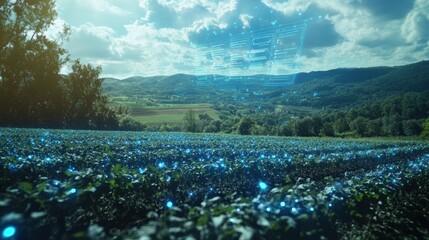 High-tech holographic display showcasing crop yield data over rural farmland with glowing blue elements and natural scenery Generative AI