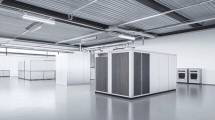 Modern Data Center with Minimalistic Design and Server Racks, Brightly Lit and Spacious Environment
