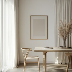 Fototapeta premium Minimalist dining room with wooden table, chairs, and pampas grass. (1)