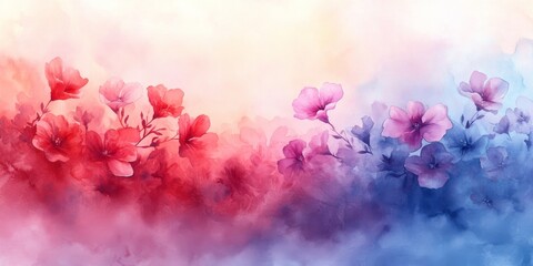Fototapeta premium Watercolor painting of blooming flowers with red and blue gradient background