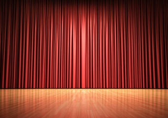 Red Theater Curtain on Stage with Wooden Floor and Dramatic Lighting