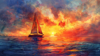 Sea Lone Sailboat Illust Sunset Watercolor Vast
