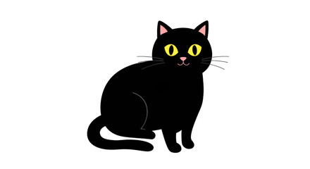 Fototapeta premium Cute Black Cat Sitting Down with Yellow Eyes Isolated on White