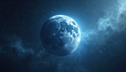 Naklejka premium Blue moon in outer space against starry background and nebulae. Cosmic spectacle includes detailed surface, glowing celestial body, planets, night sky, astronomical wonder.