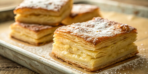 A delectable close-up of golden-brown layered pastries dusted with powdered sugar, revealing rich, creamy layers between the flaky, textured crust.