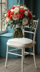 Floral bouquet on white chair, teal background