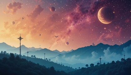 sunset in the mountains eid Mubarak greeting card background