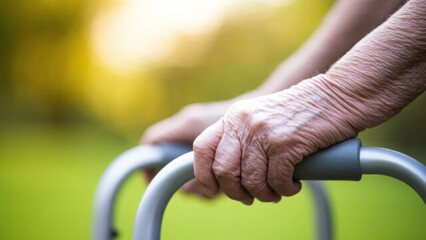 A close-up of elderly hands gripping a walker, symbolizing aging, mobility aid, and senior care, with a soft green and yellow blurred outdoor background