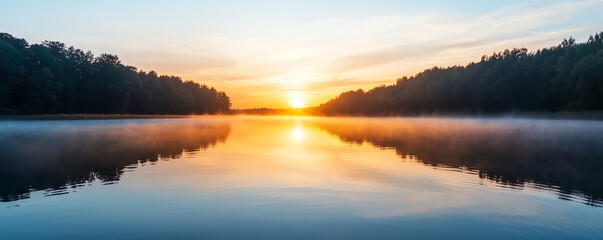 Tranquil sunrise over foggy lake, soft reflections create serene atmosphere