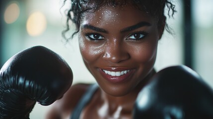 African American female boxer posing in black boxing gloves. Black girl is a professional fighter