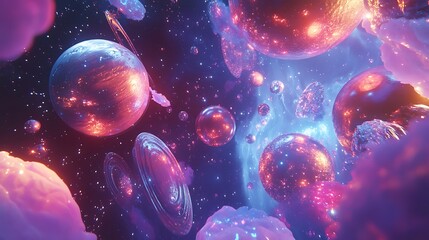 vibrant cosmic scene with glowing planets, nebulae, celestial bodies in a dreamlike setting.