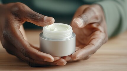 Shea butter natural lotion skin. Moisturizing cream held in hands, showcasing skincare routine.