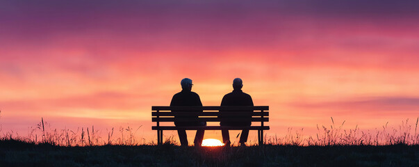 Obraz premium Elderly men sitting on bench, enjoying beautiful sunset together in serene park
