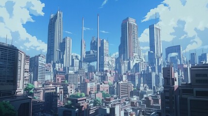 Obraz premium Futuristic city skyline illustration with towering architecture under cloudy sky