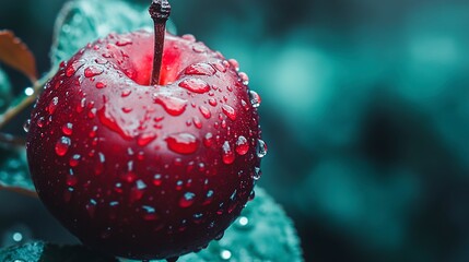 Dew-Kissed Crimson Apple A Close-Up Macro Photograph