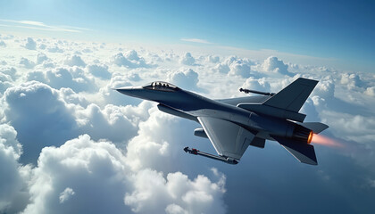 Fighter jet soaring above clouds against bright daylight. Aircraft maneuvers through sky showing power speed. Military tech showcases aviation capabilities. Engine exhaust trail visible.