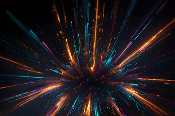 Explosion of Glowing Sound Waves Forming Abstract Shapes Pulsing with Logic, Emotion, Creativity and Radiating Inspiration in Dark, Surreal Background