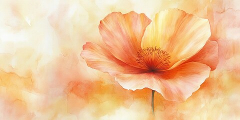 Watercolor painting of an iceland poppy blooming in soft yellow and orange hues