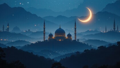 Obraz premium mosque at night eid Mubarak greeting card background