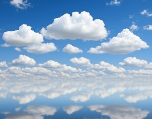 Fototapeta premium Serene Blue Sky with Fluffy Clouds Reflected on Calm Water Surface