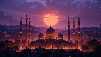 Fototapeta premium istanbul at sunset eid Mubarak greeting card background