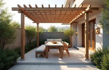 Fototapeta premium Residential terrace outdoor table setting under wooden pergola. Summer eatery space with furniture. Home garden patio design. Luxury villa vacation resort landscape architecture. Sunny day leisure.