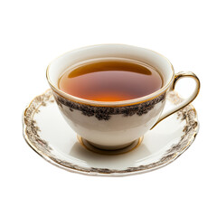 A delicate cup of tea on a transparent background, showcasing intricate details and rich amber liquid within the china cup, cup of tea on transparent background