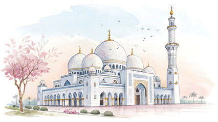 Obraz premium Majestic Mosque: Islamic Architecture with Grand Domes and Spiritual Ambiance