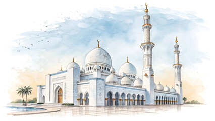 Fototapeta premium Majestic Mosque: Islamic Architecture with Grand Domes and Spiritual Ambiance