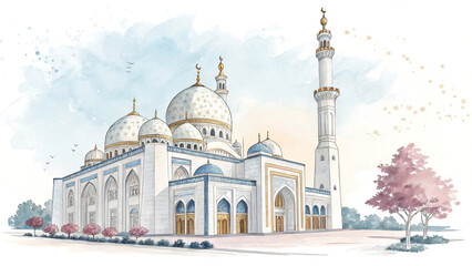 Fototapeta premium Majestic Mosque: Islamic Architecture with Grand Domes and Spiritual Ambiance