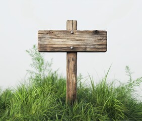 Naklejka premium Wooden signpost surrounded by lush green grass in a natural setting capturing tranquility and growth