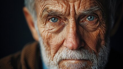 Candid close-up of an elderly man with a beard and deep wrinkles reflecting a life full of stories