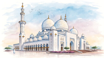 Fototapeta premium Majestic Mosque: Islamic Architecture with Grand Domes and Spiritual Ambiance