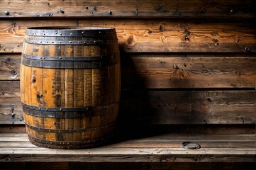 A large barrel sits on a wooden shelf