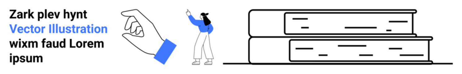 Woman in casual outfit pointing at text, stacked books, and hand gesture. Ideal for education, learning, communication, reading, publishing, writing simple landing page