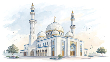 Naklejka premium Majestic Mosque: Islamic Architecture with Grand Domes and Spiritual Ambiance