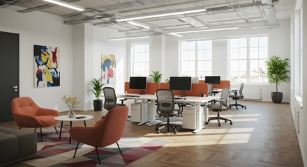 A bright office with colorful accents and modern ergonomic workstations
