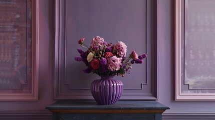A bold purple frame, highlighting a stunning cachepot vase with its rich color, designed to elevate the aesthetic of any interior space with sophistication against a smooth, neutral background. 